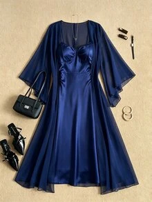 Grovea Set 2 Potongan Gaun Kamisol Satin Rajut Ukuran Besar dengan Kardigan Panjang Chiffon Sedikit Transparan untuk Musim Gugur - Navy Blue - View 4