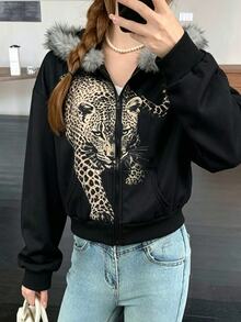 SHEIN 青少年女孩秋冬純色時尚數位印花豹紋連帽外套，附毛領拉鍊式衛衣，舒適抓絨內裡，適合返校或日常戶外穿著 - 黑色 - 查看 7