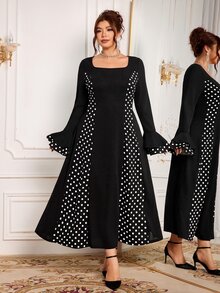 Modelyn Plus Size Women's Fashion Elegant X-Silhouette Square Neck Long Sleeve Polka Dot Patchwork Autumn Long Dress - Black - View 5
