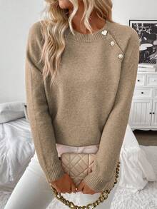 SHEIN LUNE Casual Round Neck Button-Up Knit Sweater For Women, Versatile Autumn/Winter - Khaki - View 1