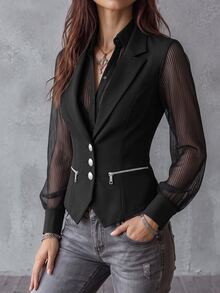 Trelyra Blazer Wanita Desain Elegan, Modis dengan Sentuhan Jala Minimalis, Potongan Pinggang Pas, Dekorasi Resleting dan Kancing Depan, Cocok untuk Pakaian Kerja dan Kantor - Hitam - View 4