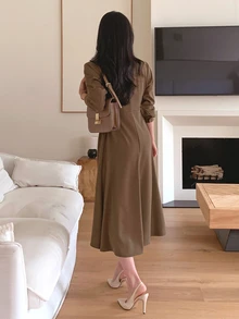 DAZY Women's Casual Solid Color Waist-Cinching Mid-Length Dress, Autumn - Brown - View 9