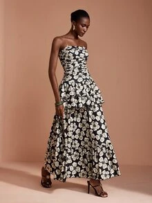 JIAN LASALA Knit Floral Print Sleeveless Tube Top Double Ruffle Layers Ruched Long Dress Elegant Vacation - Multicolor - View 5