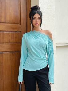 Siren Gaze Women's Textured Pleated Waist Lace Patchwork Top Turquoise,Teal Blue,Light Blue - Mint Blue - View 7