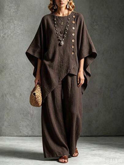 Zayélia Women's Faux Linen Textured 2 Pieces Set, Batwing Sleeve Asymmetrical Single-Breasted Top, High-Waist Wide-Leg Long Pants, Loose Lazy Fit, Bohemian Vacation Casual Daily Commute Outfit