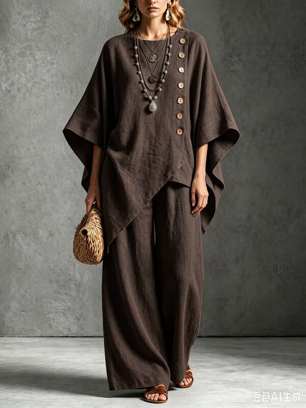 Holdful Holdful Women's Faux Linen Textured 2 Pieces Set, Batwing Sleeve Asymmetrical Single-Breasted Top, High-Waist Wide-Leg Long Pants, Loose Lazy Fit, Bohemian Vacation Casual Daily Commute Outfit