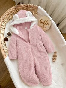 SHEIN 新生女嬰秋冬款可愛毛茸茸拼色連帽連身衣 - 淺粉色 - 查看 8