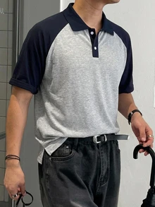 DAZY 夏季男士韓式插肩袖短袖 Polo 領 T 恤，灰色衣身搭配深藍對比袖 - 彩色 - 查看 3