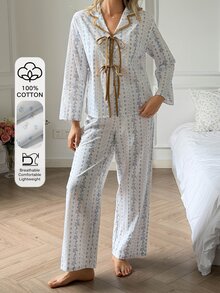 DAZY Women's Ditsy Floral Front Tie Long Sleeve Top And Long Pants Pajama Set - White - View 3