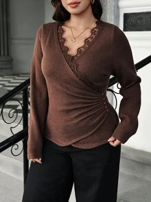 Vionelle Plus Size Women's Lace V-Neck Criss-Cross Wrap Knit Top Side Ruched Button Waist Long Sleeve Slim Fit Undershirt Party Formal Brown Autumn Elegant - Coffee Brown - View 1