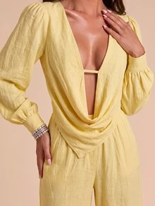 Bluhae Fashionable New Autumn Sexy Cowl Neck Long Sleeve Blouse & Straight Leg Pants Women's Set - Yellow - View 5