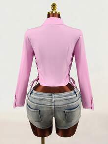 Mistrie Women's Fashion Button Cinched Waist Long Sleeve Shirt - Pink - View 3