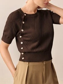 BizChic 女款秋季純色圓領短袖單排扣針織毛衣上衣 優雅法式極簡休閒通勤早午餐日常辦公 - 棕色 - 查看 8