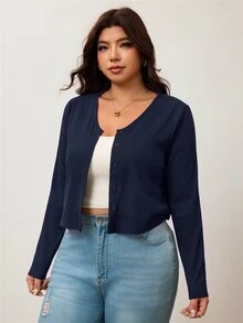 Enliva 大尺碼女款黑色羅紋針織短版開襟外套，V領鈕扣前襟毛衣，輕鬆層次穿搭風 - 藏蓝色 - 查看 7