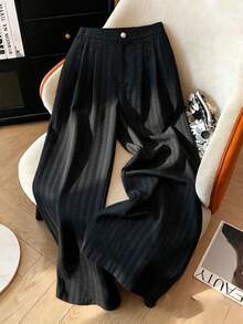 SHEIN Clasi بنطلون طويل واسع الساق مطوي كاجوال بمقاسات كبيرة، متعدد الاستخدامات للخروجات والتنقل والمواعدة والمكتب - الأسود - مشاهدة 3