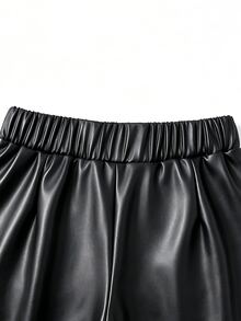 SHEIN LUNE Plus Size Women's Solid Color PU Leather Casual Versatile Daily Wear Long Pants - Black - View 3