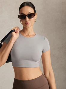 Activina Women's Short Sleeve Backless Sports T-Shirt & Tank Top - Light Grey - View 2