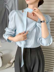 DAZY Women's Tie-Up Elegant Korean Style Long Sleeve Spring/Summer Blouse - Baby Blue - View 3
