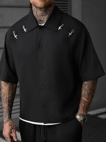 SLATEMANN Men's Solid Color Short Sleeve Single-Breasted Casual Versatile Shirt - Black - View 5
