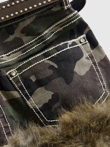 Y2K Vintage Leopard Print Frayed Trim Women's Mini Low Waist Skirt With Belt Accessory - Army Green - View 4