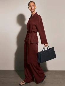 COSMINA 女款純色長袖夾克與長褲休閒優雅日常套裝 辦公穿搭 酒紅色 秋季 - 酒紅色 - 查看 4