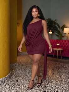 Slaydiva Sexy Street Date Party Women Slim Fit High Elastic Digital Print Mesh Ribbon Pleated Asymmetrical Shoulder Twisted Design Mini Dress Plus Size Dress - Burgundy - Burgundy - View 9