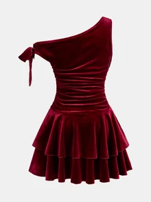 Girlism 少女女童深紅色天鵝絨露肩不對稱領口金屬玫瑰裝飾層次裙 優雅公主風派對晚宴聖誕秋季洋裝 - 酒紅色 - 查看 2