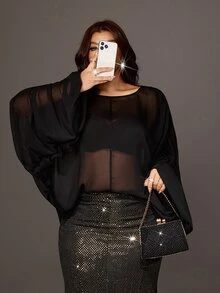 Viva Relle Blus Lengan Lentera Chiffon Hitam Transparan Ukuran Besar - Hitam - View 5