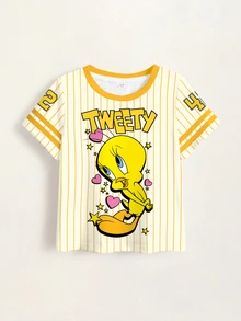 LOONEY TUNES X SHEIN Young Girl Summer Casual Striped Cartoon Print T-Shirt - White - View 7