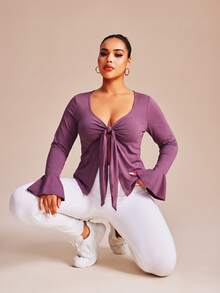 SHEIN Core Rhythm Plus Size Women's One-Piece Solid Purple Sports Kawaii Front Tie-Front T-Shirt Tank Top Gym Autumn Fall Pilates Tropical Cow Girl - Purple - View 6