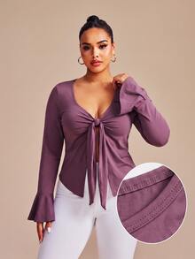 SHEIN Core Rhythm Plus Size Women's One-Piece Solid Purple Sports Kawaii Front Tie-Front T-Shirt Tank Top Gym Autumn Fall Pilates Tropical Cow Girl - Purple - View 3