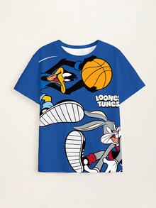 LOONEY TUNES X SHEIN Tween Boy Cartoon Print Short Sleeve Crew Neck T-Shirt - White - View 8