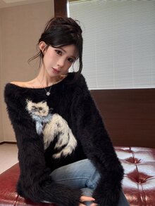 DAZY Women's Black Asymmetrical Shoulder Plush Cartoon Pattern Contrast Blue & White Loose Casual Long Sleeve Knit Sweater Fall - Black - View 4