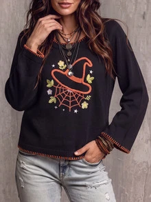SHEIN LUNE Edisi Terbatas Halloween. Sweater Pullover Ukuran Besar Bordir Bunga - Hitam - View 4