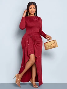 SOLERSUN Designed For European And American Women With Wide Hips And Large Belly, Asymmetrical Neckline Long Sleeve Glitter Evening Gown, Side Ruched Cinched Waist Effect, Asymmetrical Ruffle High Slit Design, Suitable For Banquets, Dinner Parties And Various Formal Occasions - Red - View 4