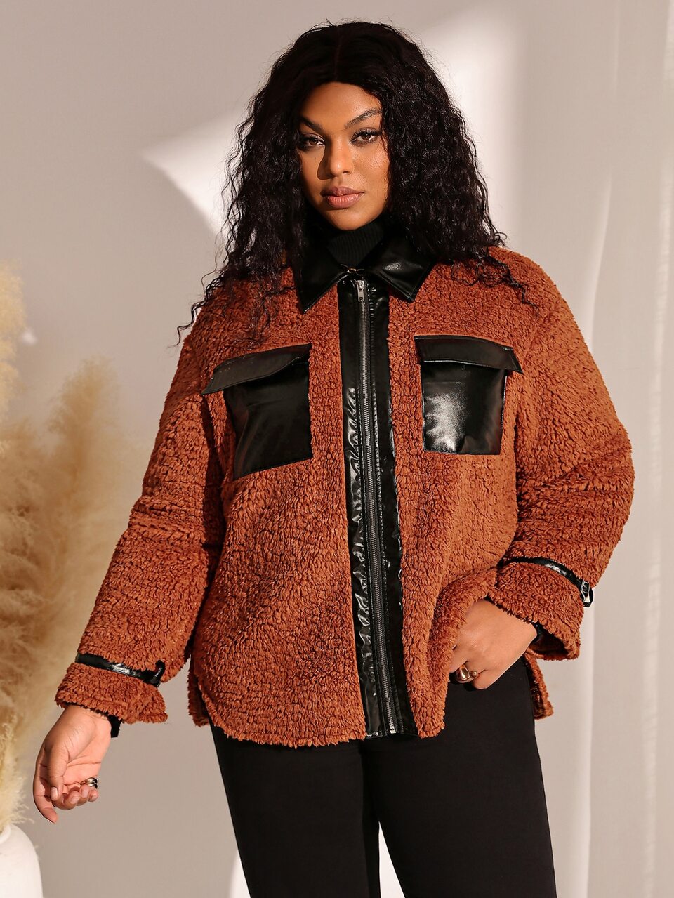 Plus Size Women's Autumn/Winter Country Casual Vacation Fuzzy Patchwork PU Brown Zip-Up Jacket With Pockets,Winter Warm Coats,Halloween,Fall