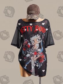Betty Boop x SHEIN 女款字母卡通印花休閒日常上衣 - 黑與白 - 查看 4