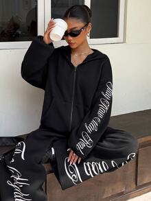 Muchica Women's Street Letter Print Hoodie And Loose Pants Set - Black - View 4
