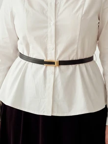 MOTF FASHIONABLE COMMUTER MINIMALIST PREMIUM FEEL CINCHED CINCHED WAIST LONG SLEEVE COLLARED PURE COTTON BELT DECOR WOMEN'S PLUS SIZE SHIRT - White - View 2