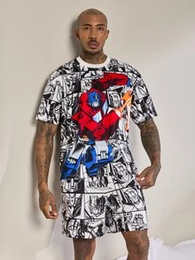Transformers X SHEIN Set Pakaian Santai Pria Motif Kartun Lengan Pendek Atasan dan Celana Pendek - Hitam dan Putih - View 3