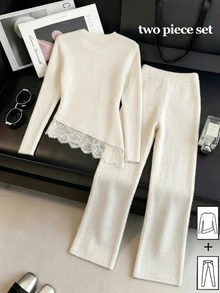 GlowEve Fall Clothes FOR WomenWomen's Autumn/Winter Casual Lace Patchwork Top & Pants 2 Pieces Set - Apricot - View 2