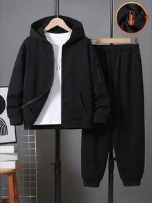 SHEIN 2件組兒童青少年男孩連帽衛衣秋季外套與黑色印花長褲休閒運動寬鬆套裝，適合戶外運動與上學 - 黑色 - 查看 2