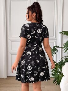SHEIN EZwear 大尺碼度假風南瓜印花百褶綁帶洋裝 - 黑與白 - 查看 2
