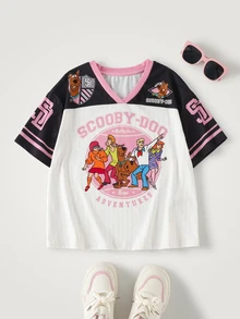 SCOOBY-DOO X SHEIN Tween Girl V-Neck Short Sleeve Casual Versatile T-Shirt DOO - Black - View 1