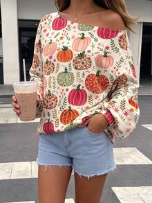 Veykashi 女款休閒萬聖節南瓜圖案露肩寬鬆長袖衛衣，秋冬新款 - 彩色 - 查看 3
