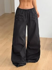Coolane 女款四季通用返校外出休閒性感Y2K時尚街頭風龐克風口袋黑色寬腿長褲秋季穿搭 - 黑色 - 查看 4