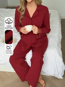 DAZY Women's Lace Patchwork Long Sleeve Top And Pants Casual Daily Home Sleepwear Set - Red - View 4