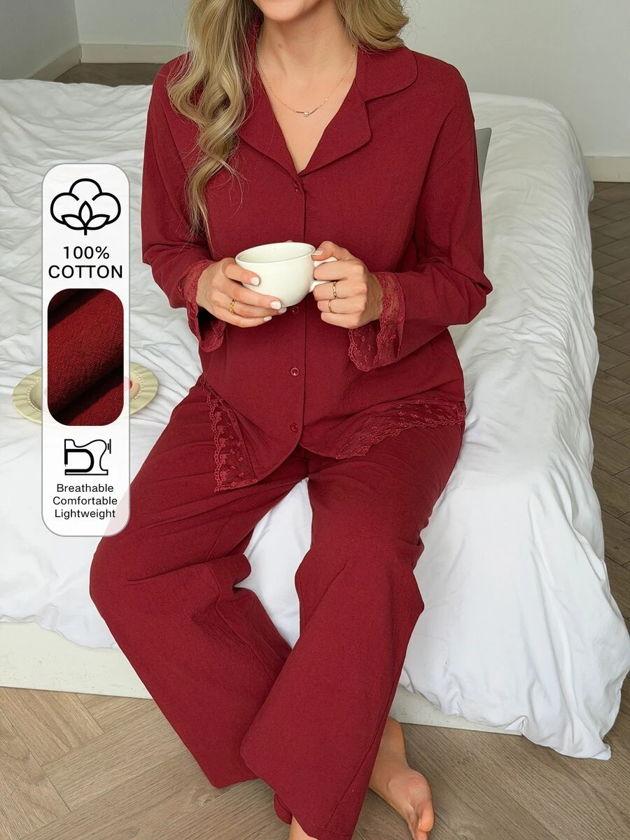 DAZY Women's Lace Patchwork Long Sleeve Top And Pants Casual Daily Home Sleepwear Set - Red - View 1