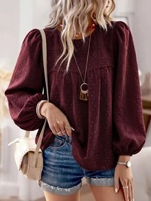 SHEIN Holidaya 女款休閒優雅極簡紋理布料圓領長袖上衣，秋冬春季度假T恤 - 酒紅色 - 查看 8