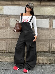 SHEIN Women's Casual Daily Denim Overalls With Pockets - Black - View 8